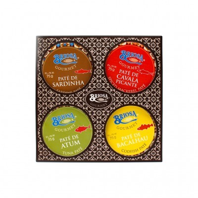 Conjunto de quatro patés Briosa Gourmet em latas coloridas dentro de embalagem com padrão geométrico