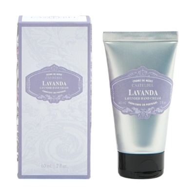 Creme de mãos Lavanda Castelbel em tubo metálico com caixa branca e lilás