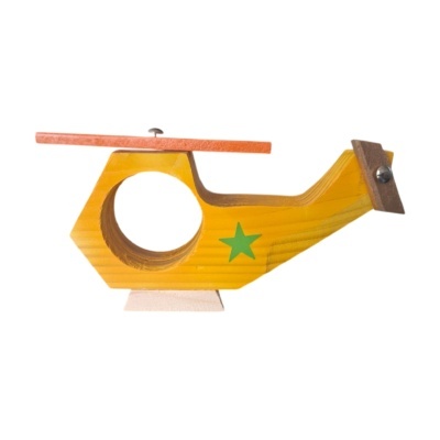 Brinquedo avião helicóptero de madeira amarelo com estrela verde e rotores coloridos
