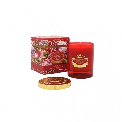 Vela perfumada em vidro vermelho com tampa dourada e caixa decorativa floral vermelha.