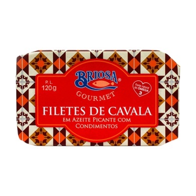 Embalagem hexagonal de filetes de cavala em azeite picante com condimentos da marca Briosa Gourmet