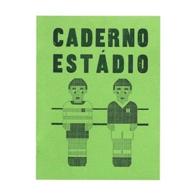 Capa verde de caderno com ilustração de matraquilhos e texto CADERNO ESTÁDIO