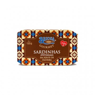 Lata decorativa de sardinhas em azeite de oliveira da marca Briosa Gourmet