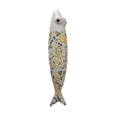 Escultura em cerâmica em forma de peixe decorada com padrão floral colorido