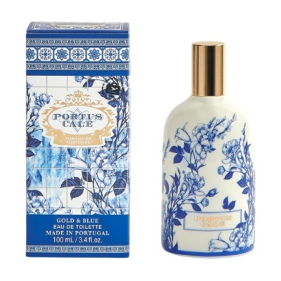 Frasco de perfume branco e azul com padrão floral e caixa decorativa azul e branca