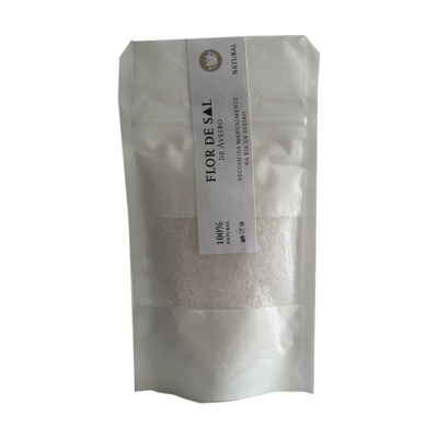 Embalagem de flor de sal de Aveiro branco com etiqueta vertical