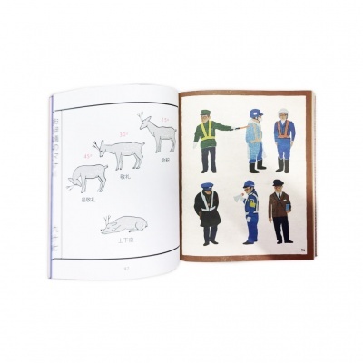 Livro aberto com ilustrações de animais e pessoas em uniformes coloridos