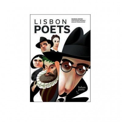 Capa do livro Lisbon Poets com caricaturas de poetas e texto em preto sobre fundo branco