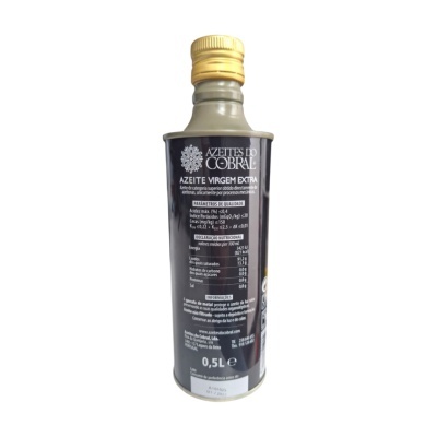Frasco metálico de azeite virgem extra Azeites do Cobral 0,5L com tampa dourada e texto descritivo