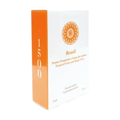 Caixa branca e laranja de perfume Brasil com texto e símbolo decorativo.