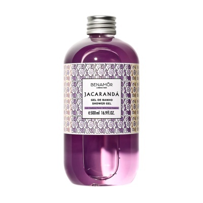 Frasco de gel de banho roxo com rótulo floral e tampa metálica.