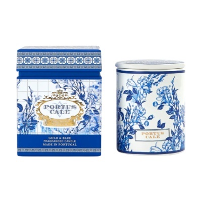 Vela perfumada Portus Cale em lata branca com padrão floral azul e caixa decorada