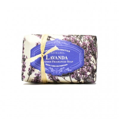 Sabonete de lavanda embalado com padrão floral e etiqueta azul