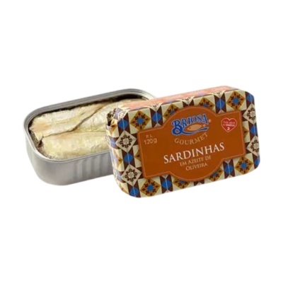 Lata de sardinhas em azeite com rótulo decorativo colorido