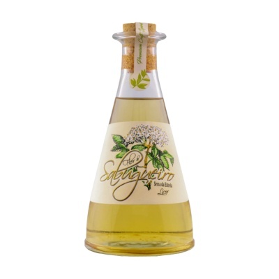 Garrafa de vidro com tampa de cortiça e rótulo branco com ilustração de folhas e flores