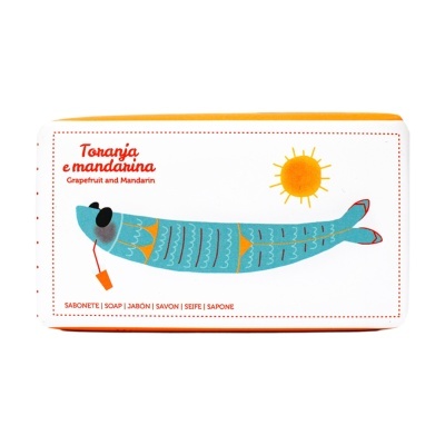 Caixa de sabonete com peixe azul e texto Toranja e mandarina