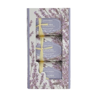 Conjunto 3 sabonetes aromáticos lavanda Castlebell embalados com fita amarela e caixa decorada