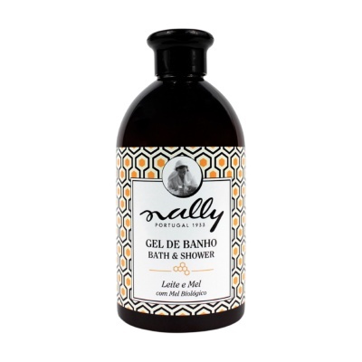 Frasco de gel de banho Nally com rótulo decorado e texto visível