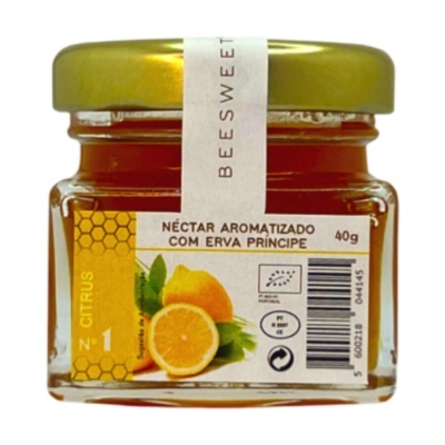 Frasco de néctar aromatizado com erva príncipe e limão.