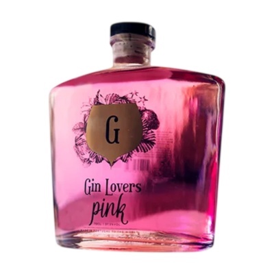 Garrafa de gin rosa com rótulo dourado e texto Gin Lovers pink
