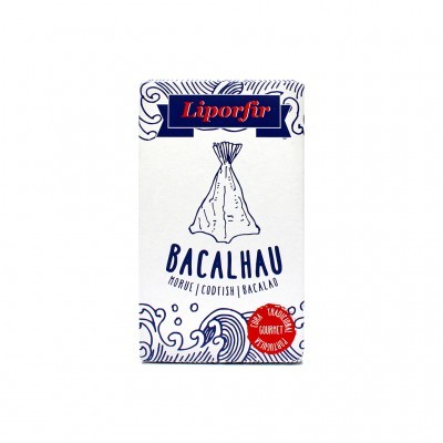 Embalagem branca com azul e vermelho de bacalhau Liporfir com desenho de saco de peixe