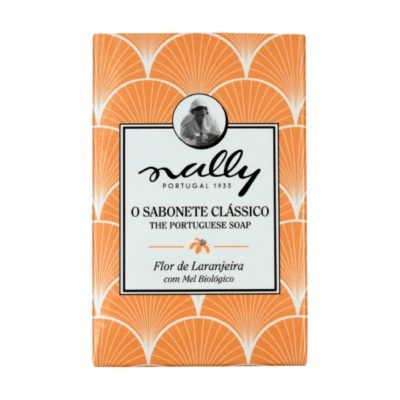 Embalagem de sabonete clássico Mally com padrão laranja e branco e texto em português.
