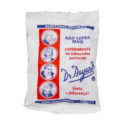 Embalagem branca de rebuçados peitorais Dr. Bayard com design azul e vermelho