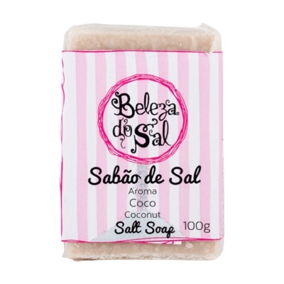 Sabão de sal em barra com embalagem rosa e branca às riscas