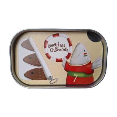 Lata de sardinhas de chocolate com ilustração colorida