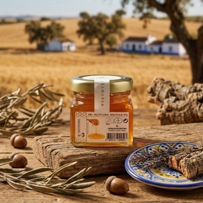 Frasco de mel multifloral biológico sobre mesa rústica de madeira com elementos naturais e campo ao fundo