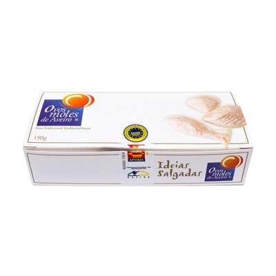 Embalagem branca do produto Ovos Moles de Aveiro 150g com selo e imagem do doce