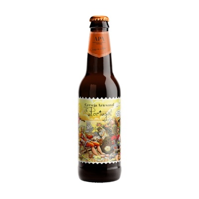 Garrafa de cerveja artesanal Portugal com rótulo ilustrado colorido e tampa laranja