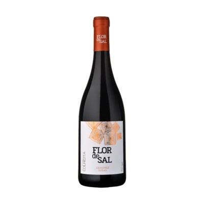 Garrafa de vinho tinto Flor de Sal com rótulo branco e detalhes laranja