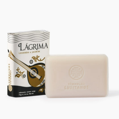 Sabonete LÁGRIMA de lavanda e jasmim com embalagem ilustrada