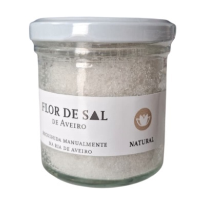 Frasco de vidro com flor de sal de Aveiro e tampa branca