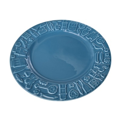 Prato azul redondo com borda decorativa em relevo