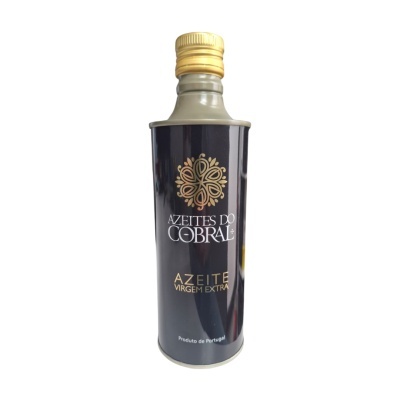 Frasco metálico de azeite extra virgem com rótulo preto e dourado