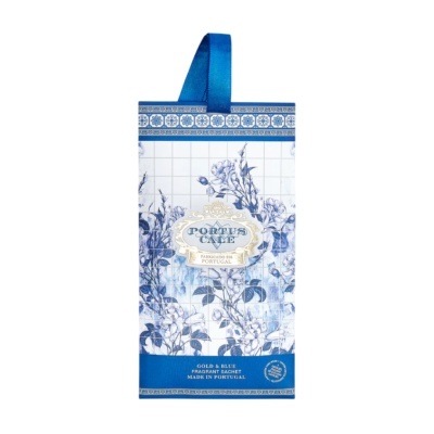 Sachê perfumado azul e branco com padrão floral e texto Portus Cale