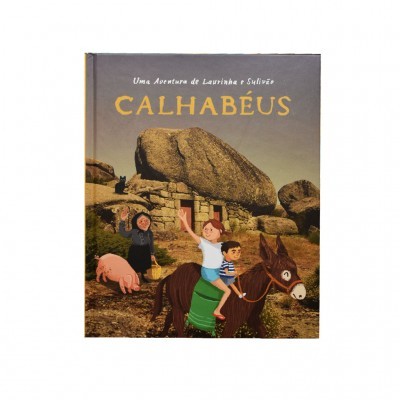 Capa de livro CALHABEUS com ilustração de crianças numa paisagem rural com pedra e burro
