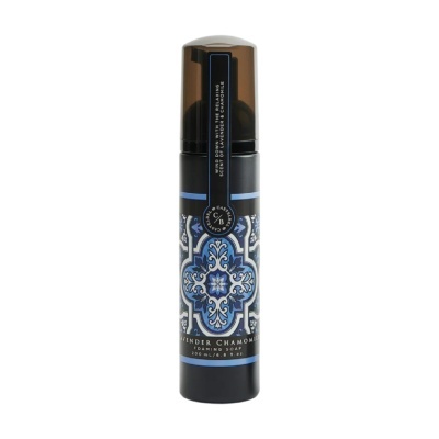 Frasco de sabão espumante com etiqueta decorativa azul e preta