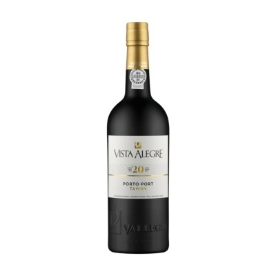 Garrafa de vinho do Porto Vista Alegre com rótulo branco e selo na tampa