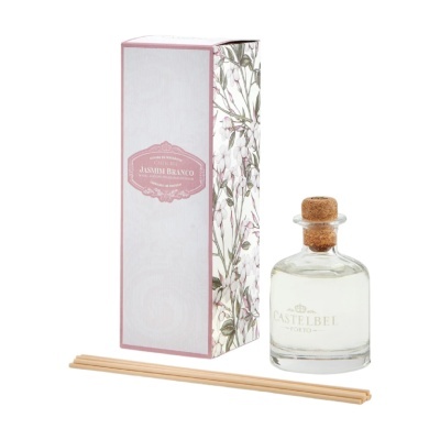 Difusor de fragrância Castelbel Jasmim Branco com caixa decorativa floral e três varetas de madeira