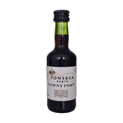 Garrafa pequena de vinho do Porto Fonseca Tawny Port com rótulo branco