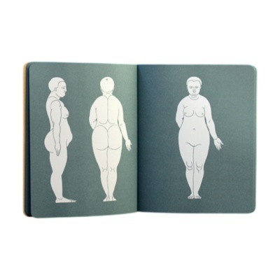 Livro aberto com desenho de figura feminina em três vistas: lateral, traseira e frontal