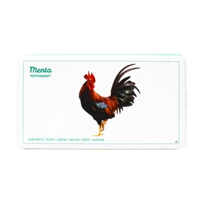 Caixa branca de sabonete com imagem de galo colorido e texto menta peppermint