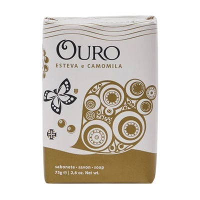 Embalagem de sabonete OURO ESTIVA e CAMOMILA com design branco e dourado