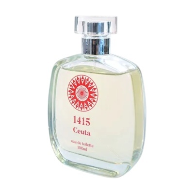 Frasco transparente de perfume com tampa prateada e texto vermelho 1415 Ceuta