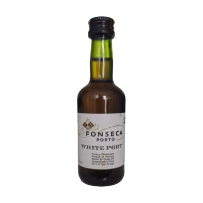 Garrafa pequena de vinho do Porto branco Fonseca com rótulo branco
