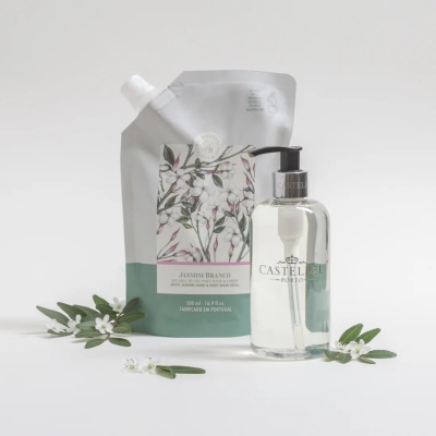 Frasco de gel e embalagem recarregável com design floral e texto em português, sobre fundo branco.