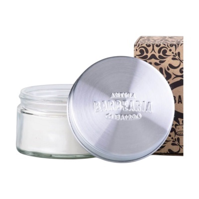 Frasco vidro com creme branco e tampa metálica gravada ANTIGA BARBEARIA DE BAIRRO
